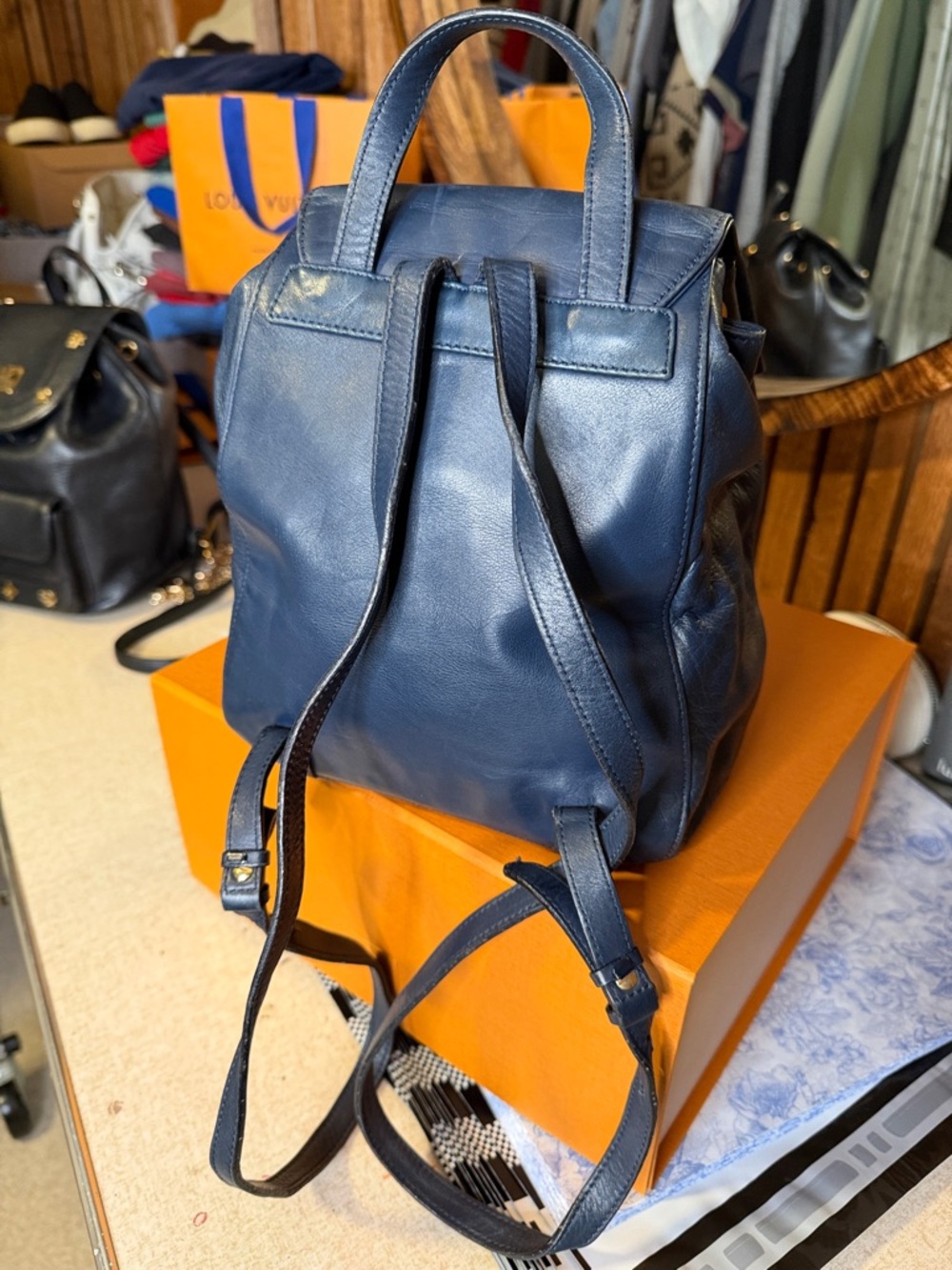 Celine Navy Blue Leather Drawstring Backpack - Picture 4 of 9